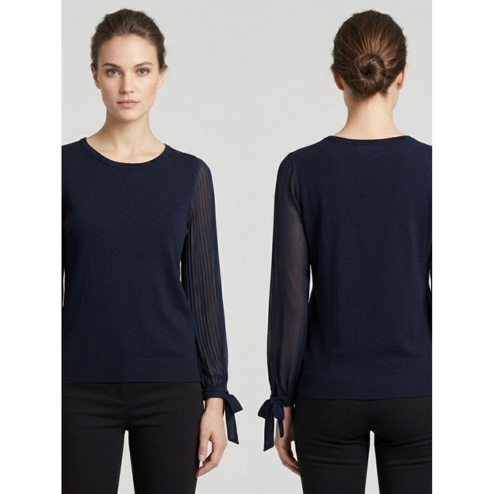 CeCe Navy Knit Top with Sheer Trim